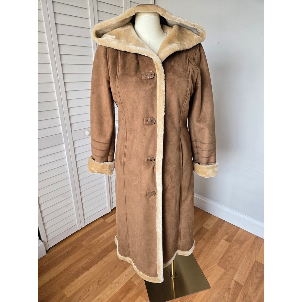 Brown Faux Suede Shearling Maxi Afghan Coat Hooded Penny Lane Y2K Boho Retro L